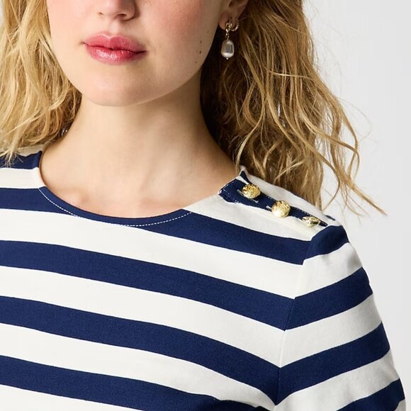 J. Crew Short Sleeve Striped Button Shoulder Tee Blue White Size XS NWT - Picture 2 of 7